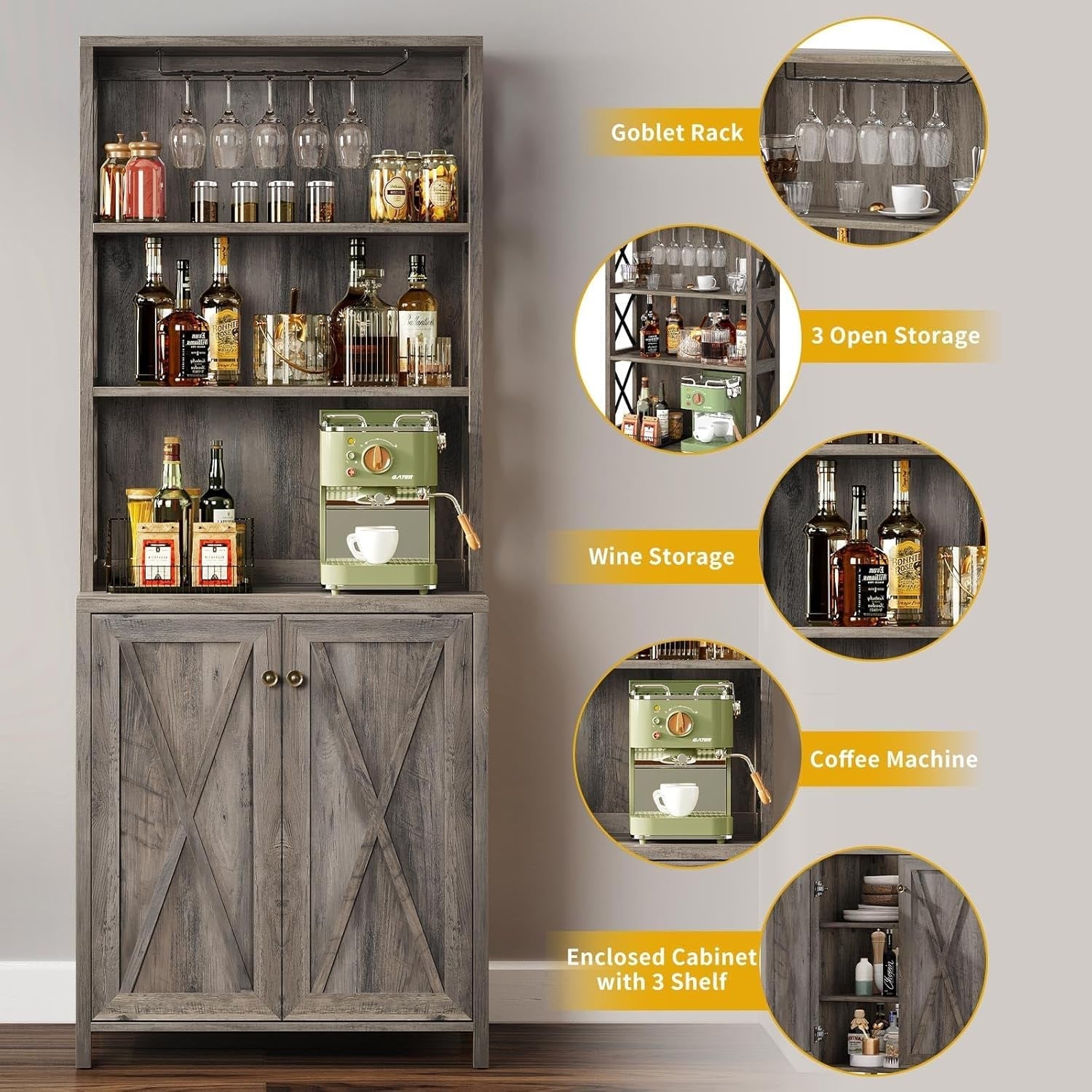 67" Tall Wine Bar Cabinet for Liquor and Glasses, Farmhouse Kitchen - Festival Furnish