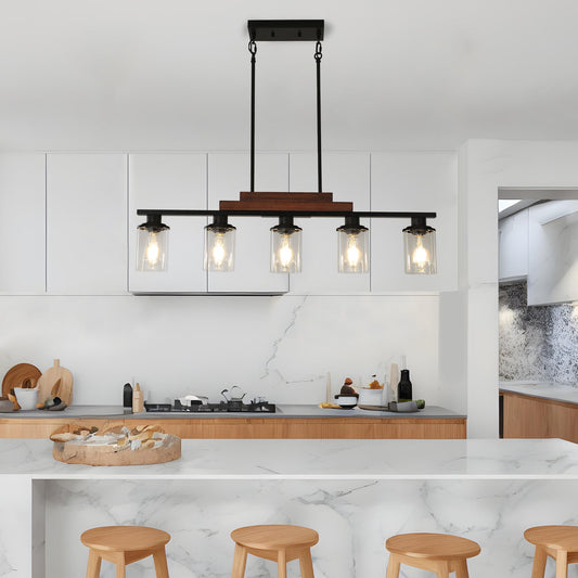 Farmhouse Industrial 5-Light Kitchen Island Pendant Light, Metal Wood - Festival Furnish