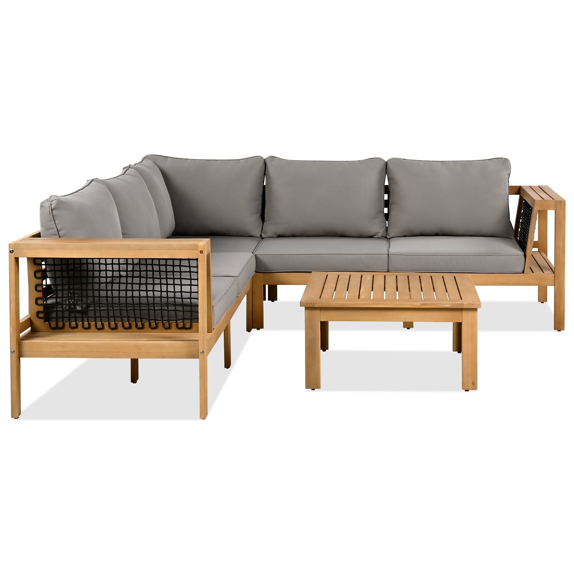 4 Pieces Outdoor Acacia Wood Sofa Set, Woven Mesh Armrests, L-Shaped - Festival Furnish