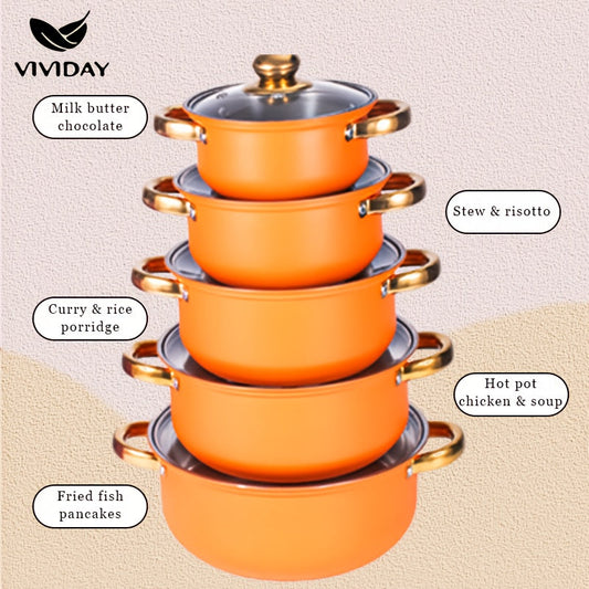 Elegant NonStick Cookware Set GoldHandled Soup Fry Milk Pans