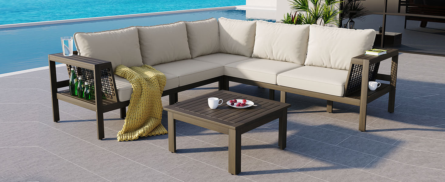 4 Pieces Outdoor Acacia Wood Sofa Set, Woven Mesh Armrests, L-Shaped - Festival Furnish