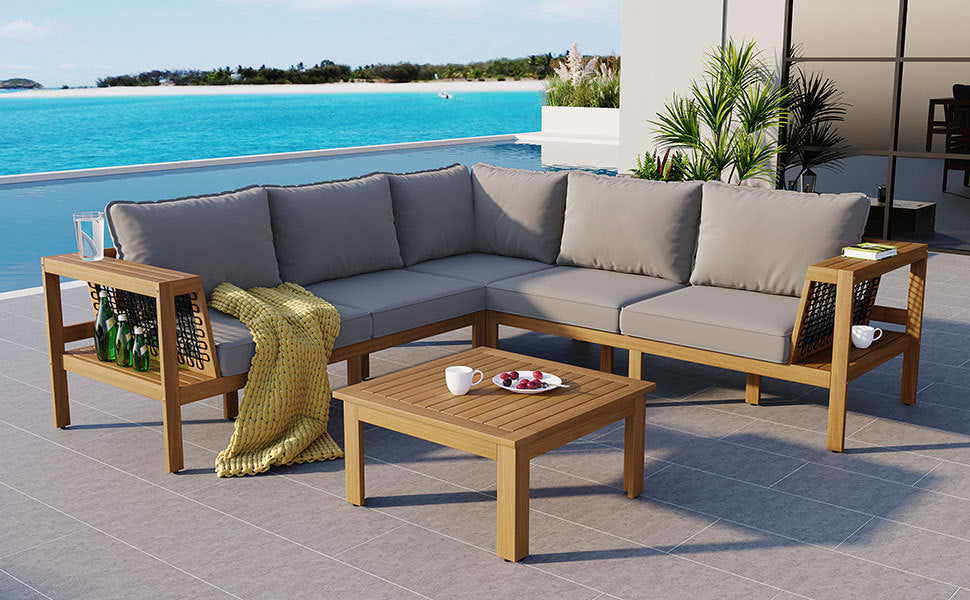 4 Pieces Outdoor Acacia Wood Sofa Set, Woven Mesh Armrests, L-Shaped - Festival Furnish