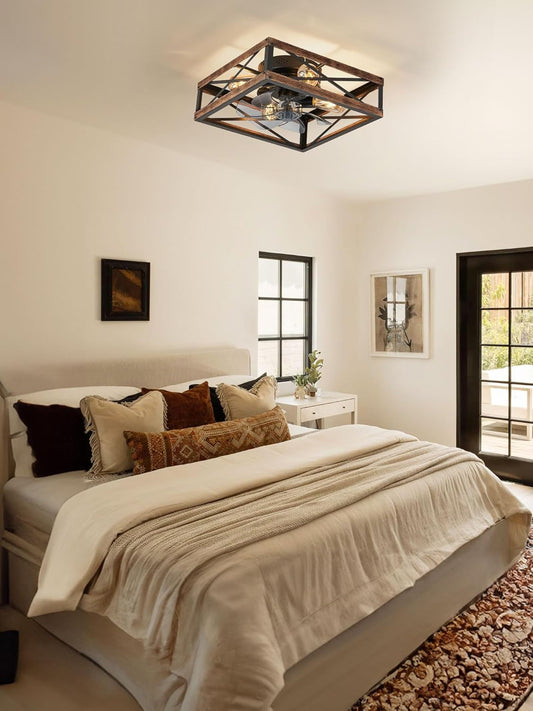 Caged Low Profile Ceiling Fans with Lights and Remote, Rustic Square