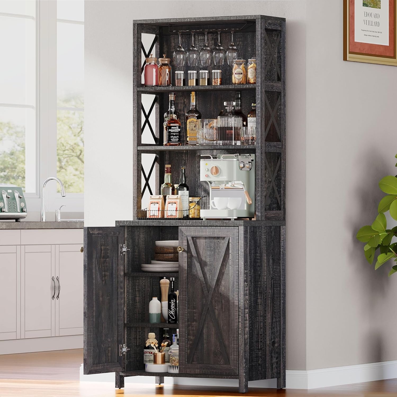 67" Tall Wine Bar Cabinet for Liquor and Glasses, Farmhouse Kitchen - Festival Furnish