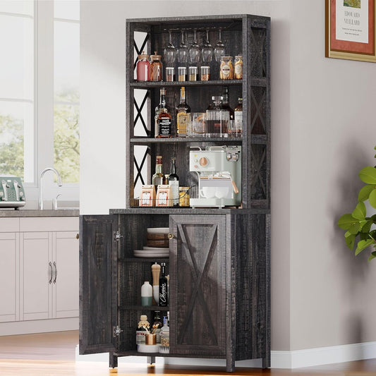 67" Tall Wine Bar Cabinet for Liquor and Glasses, Farmhouse Kitchen - Festival Furnish