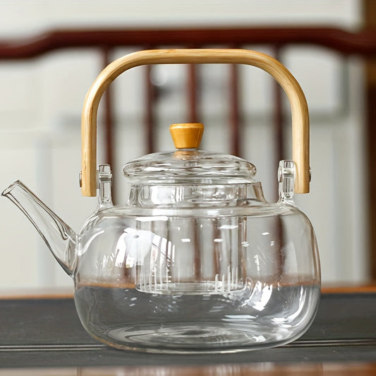 Elegant 34oz Glass Teapot with Bamboo Handle  Infuser