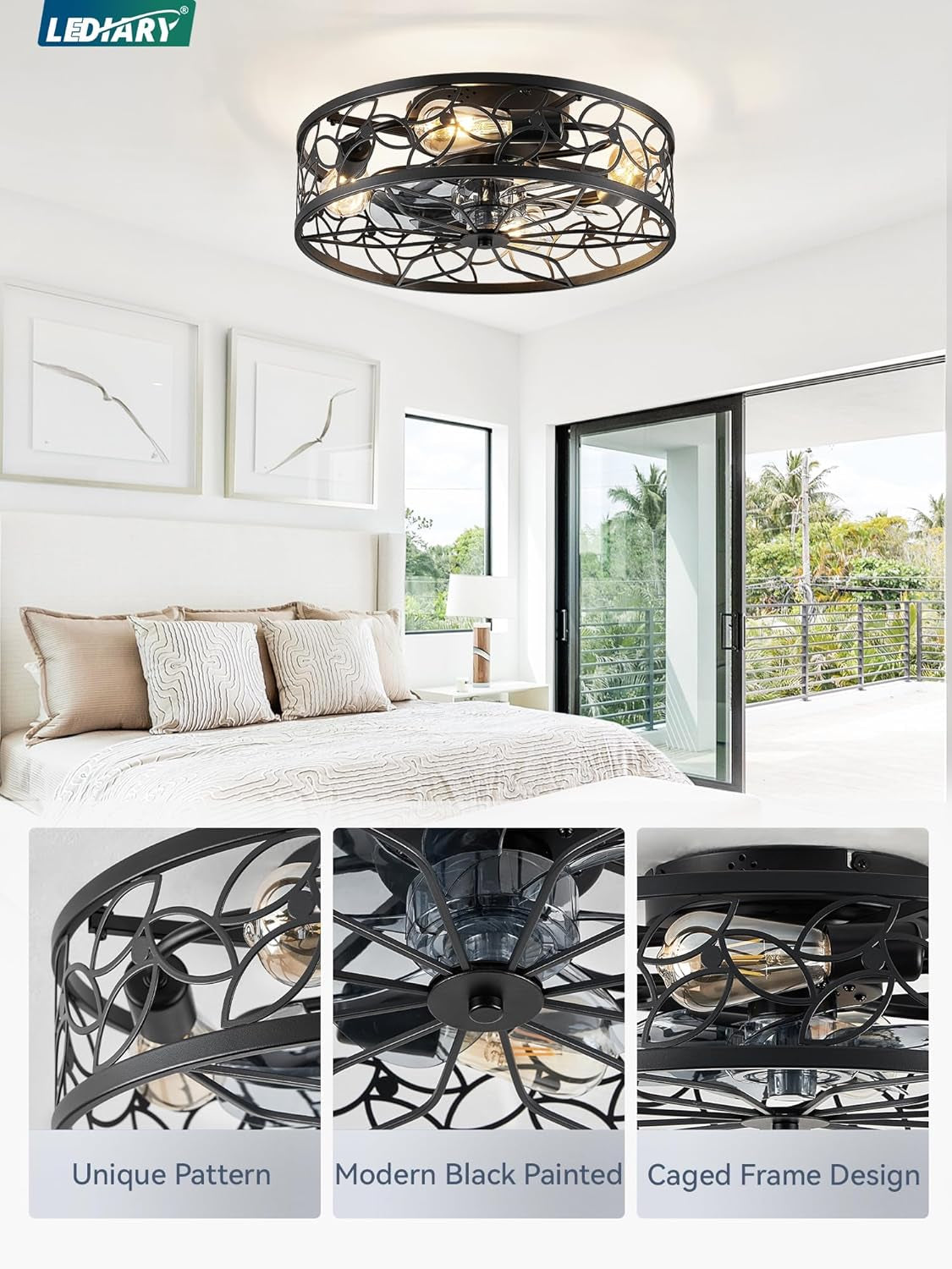 Caged Ceiling Fans with Lights, Black Flush Mount Ceiling Fan with