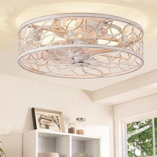 Caged Ceiling Fans with Lights, White Flush Mount Ceiling Fan with - Festival Furnish
