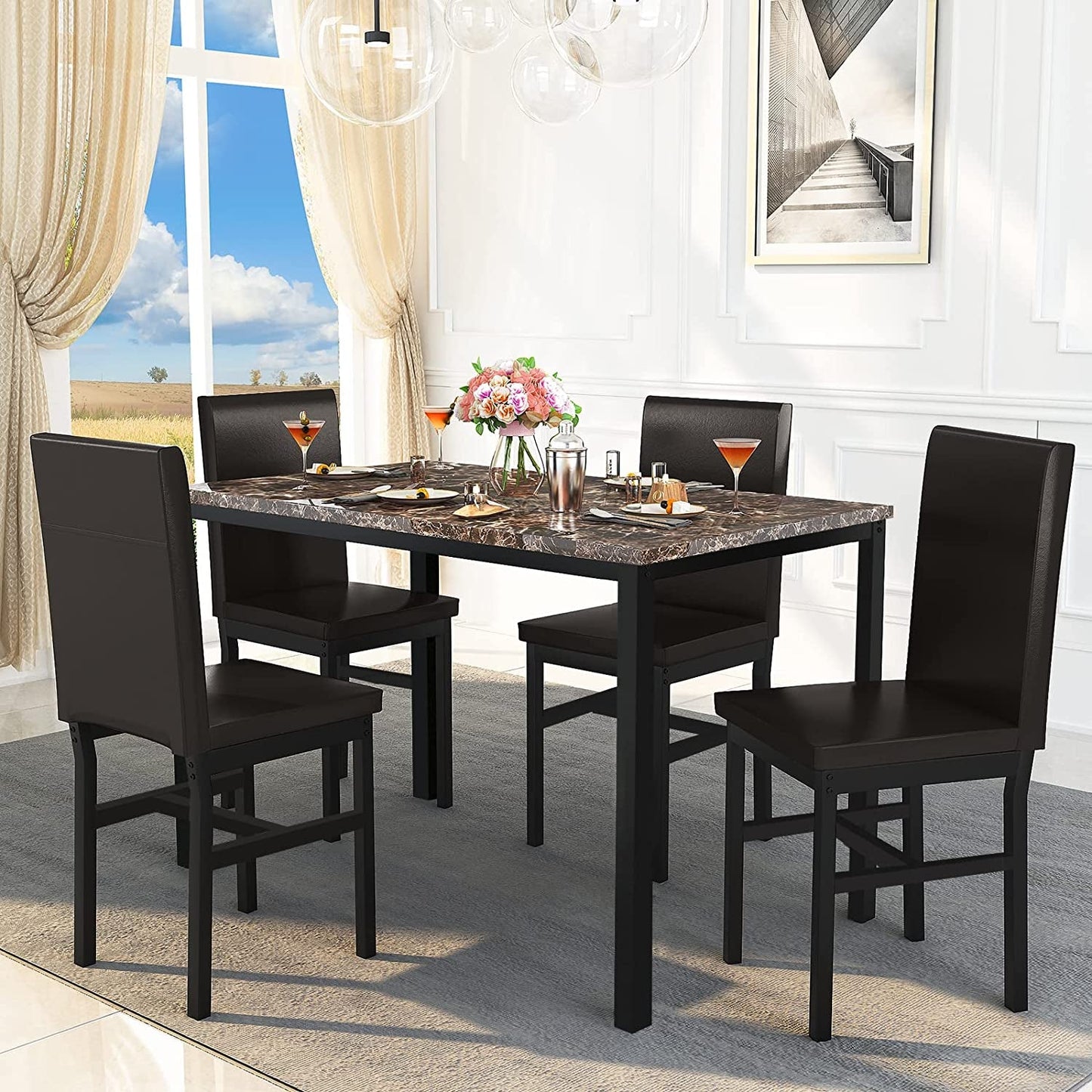 Faux Marble Dining Set, Small Spaces Kitchen, Black - Festival Furnish