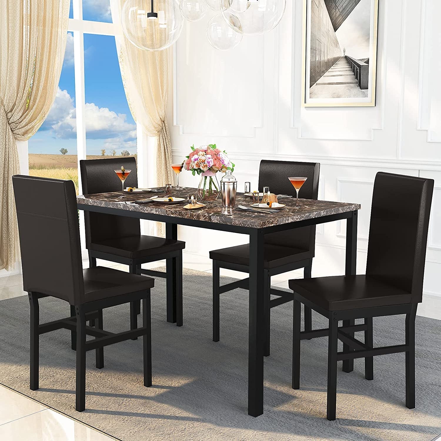 Faux Marble Dining Set, Small Spaces Kitchen, Black - Festival Furnish