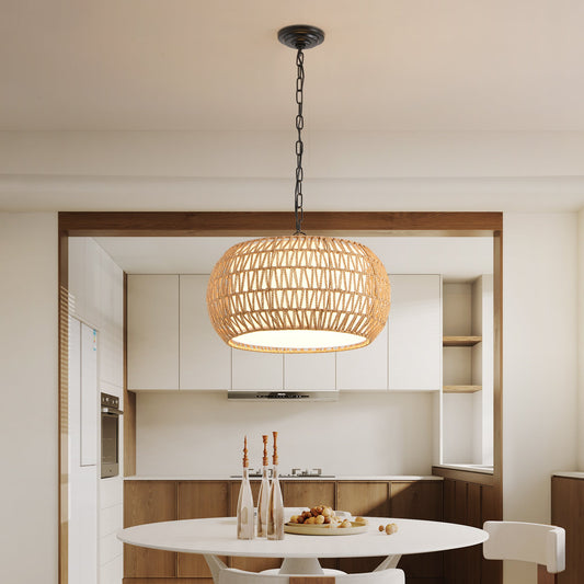 Farmhouse Pendant Light with Adjustable Height, Boho Woven Jute Rope