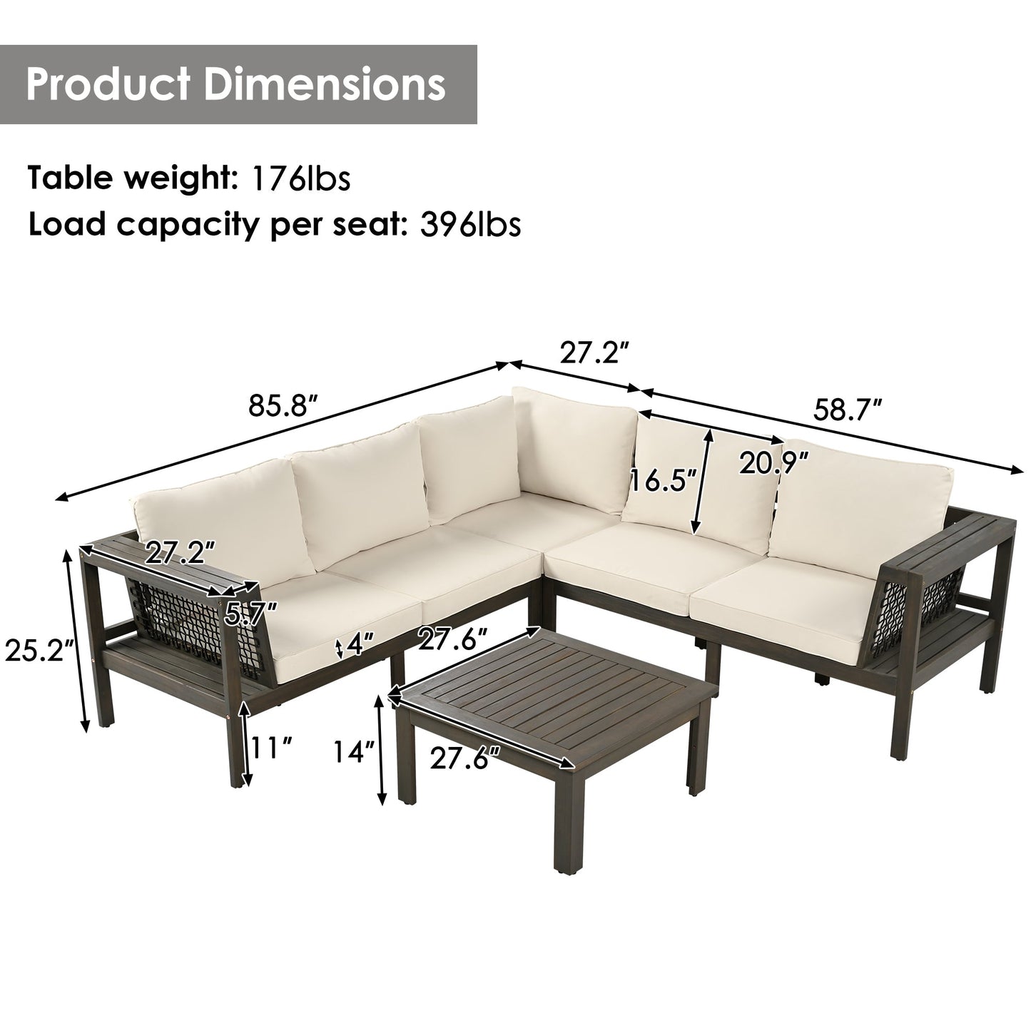 4 Pieces Outdoor Acacia Wood Sofa Set, Woven Mesh Armrests, L-Shaped - Festival Furnish