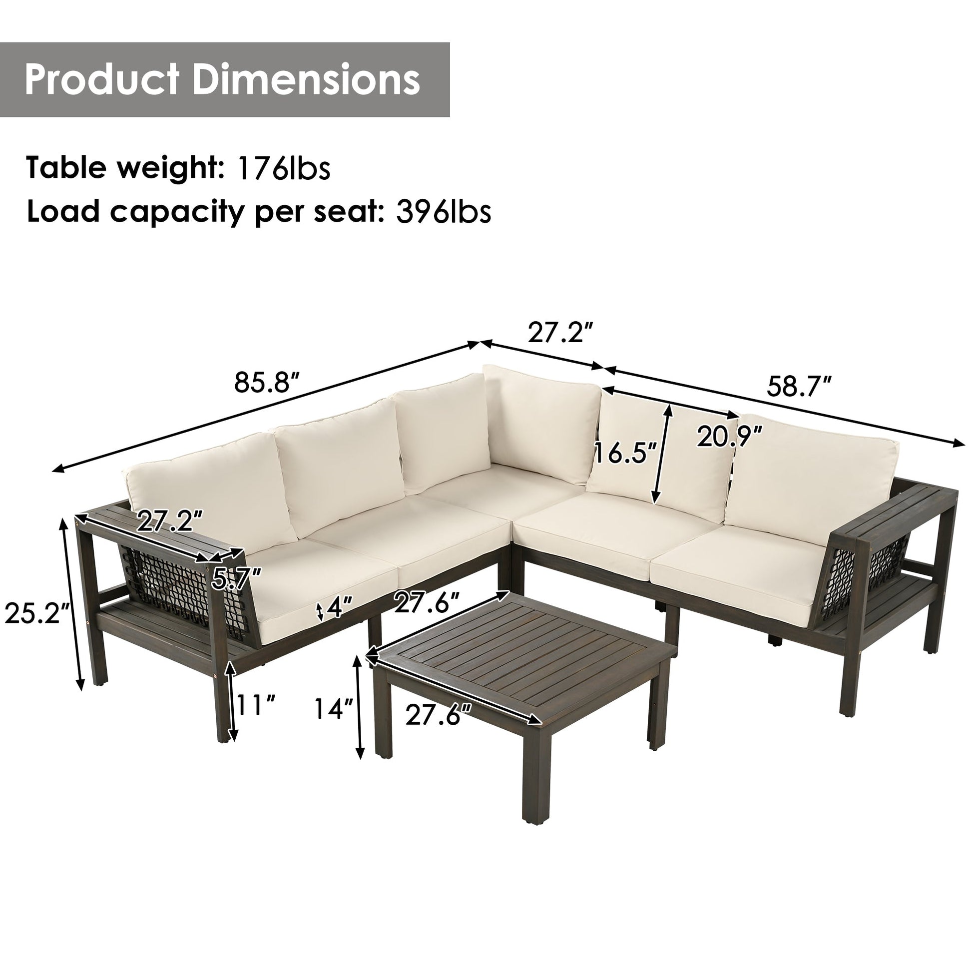 4 Pieces Outdoor Acacia Wood Sofa Set, Woven Mesh Armrests, L-Shaped - Festival Furnish