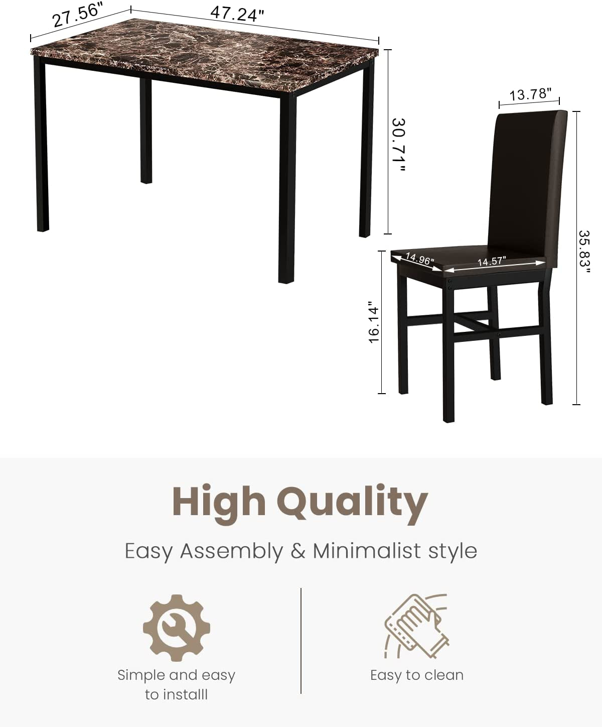 Faux Marble Dining Set, Small Spaces Kitchen, Black - Festival Furnish