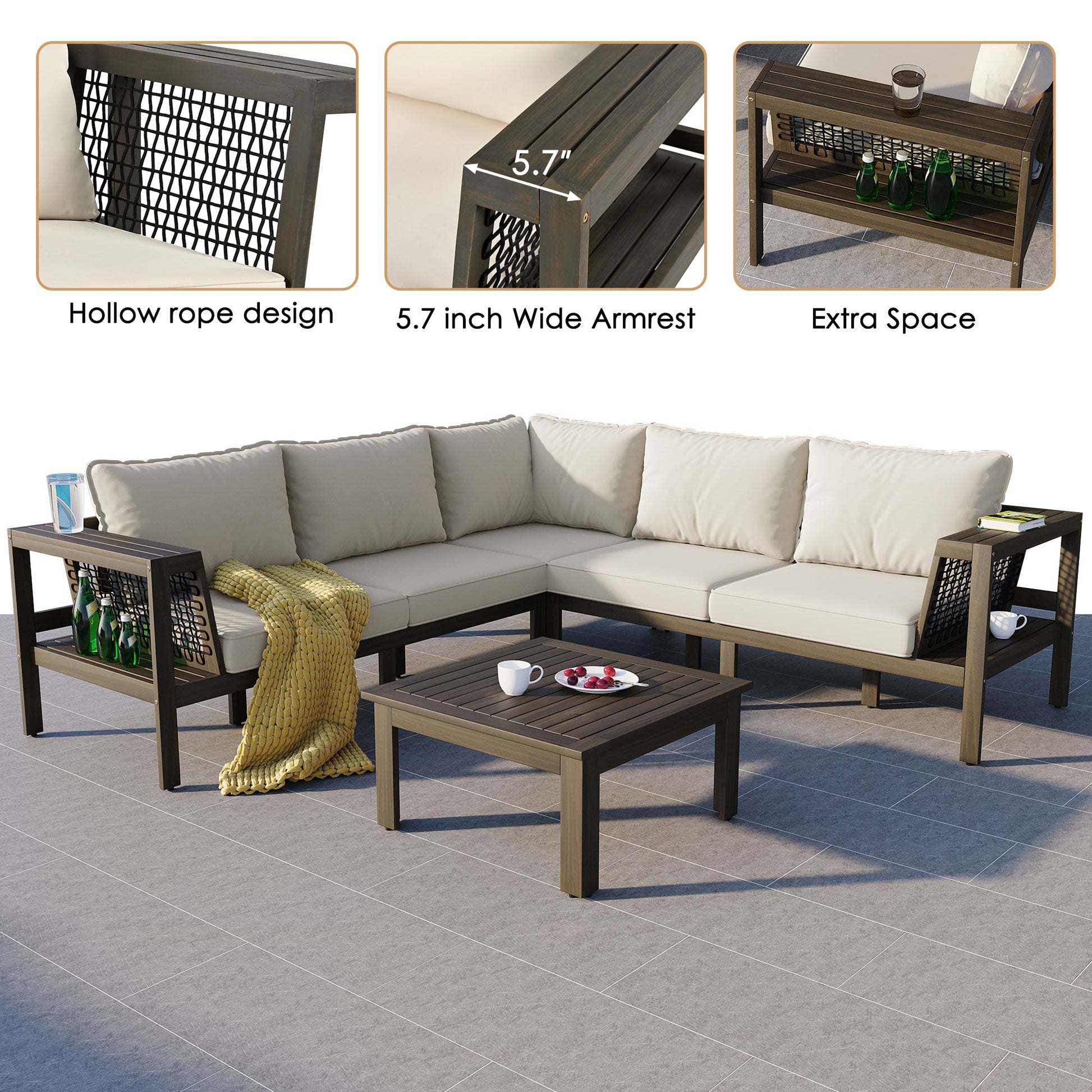 4 Pieces Outdoor Acacia Wood Sofa Set, Woven Mesh Armrests, L-Shaped - Festival Furnish