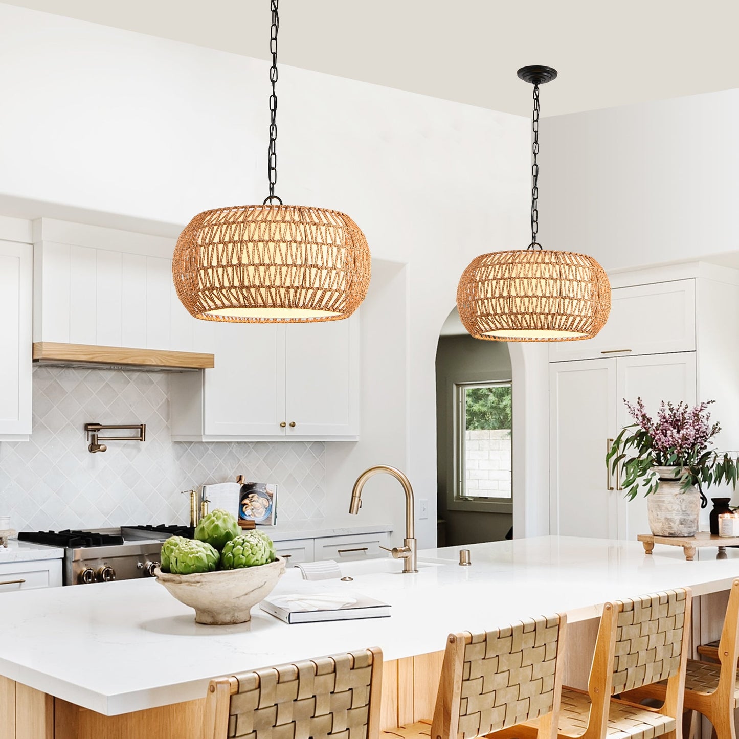 Farmhouse Pendant Light with Adjustable Height, Boho Woven Jute Rope