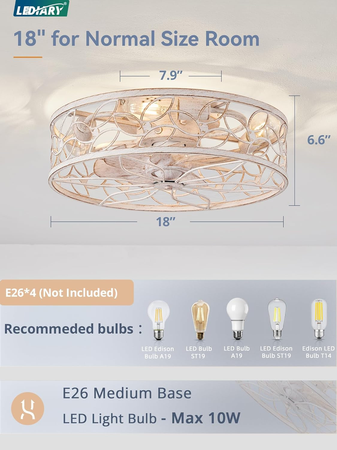 Caged Ceiling Fans with Lights, White Flush Mount Ceiling Fan with - Festival Furnish