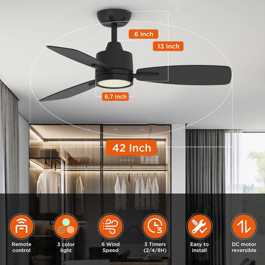 42 Inch Black Ceiling Fans with Lights Led Remote Control Flush Mount - Festival Furnish