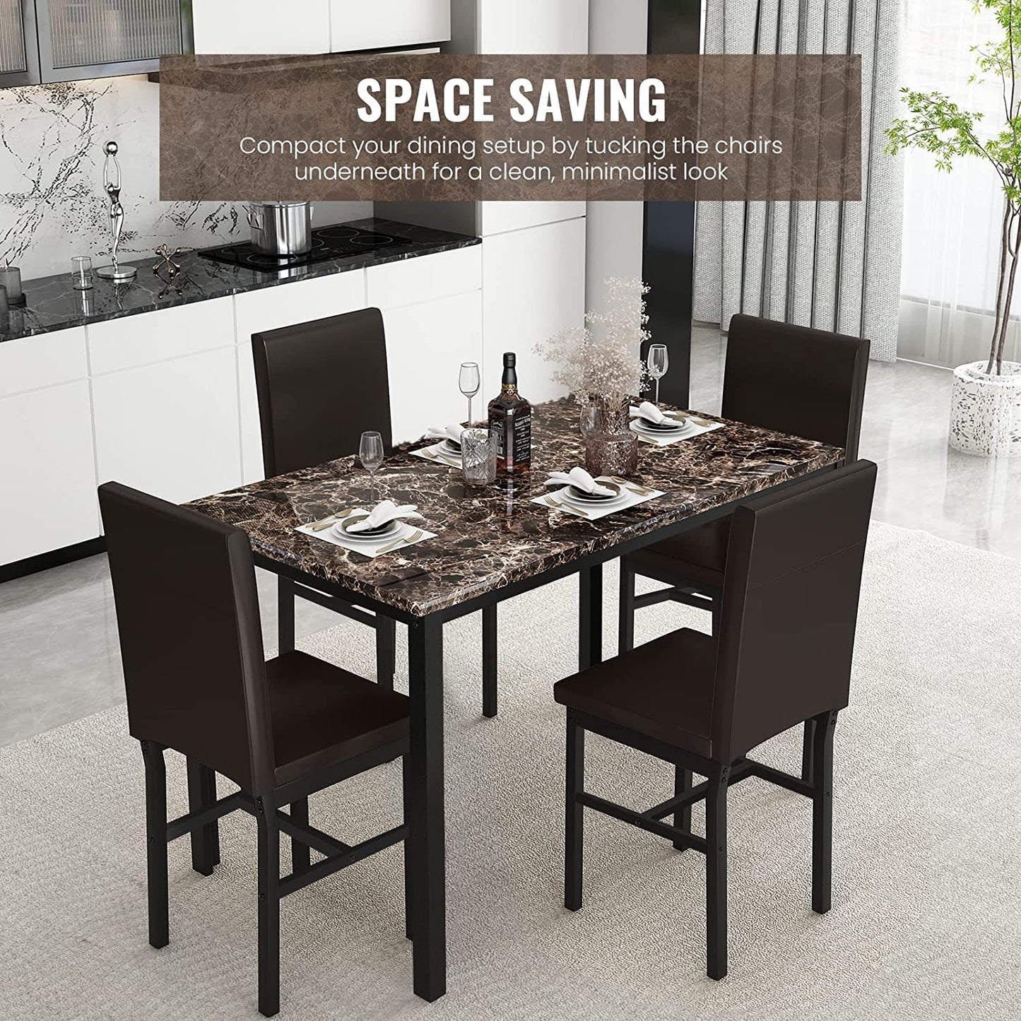 Faux Marble Dining Set, Small Spaces Kitchen, Black - Festival Furnish