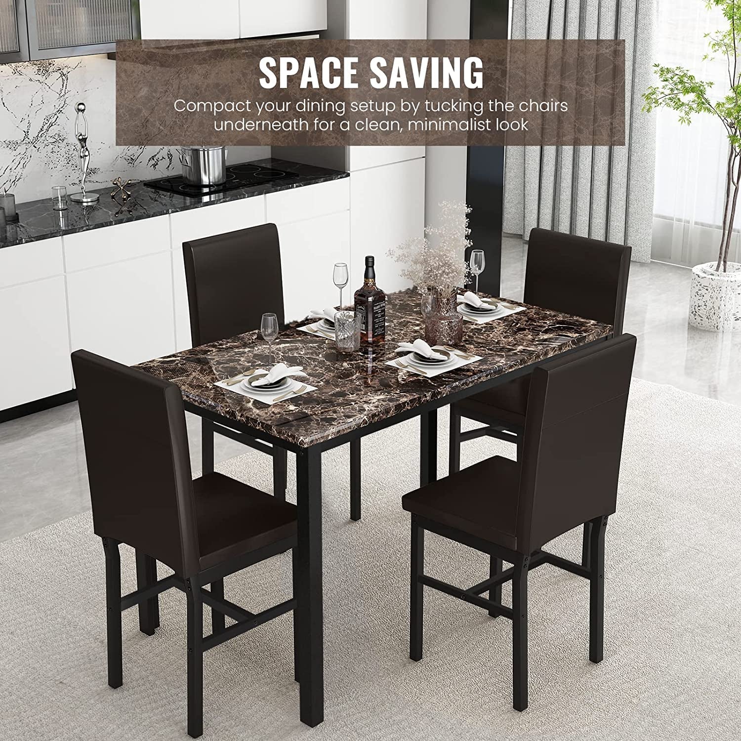 Faux Marble Dining Set, Small Spaces Kitchen, Black - Festival Furnish