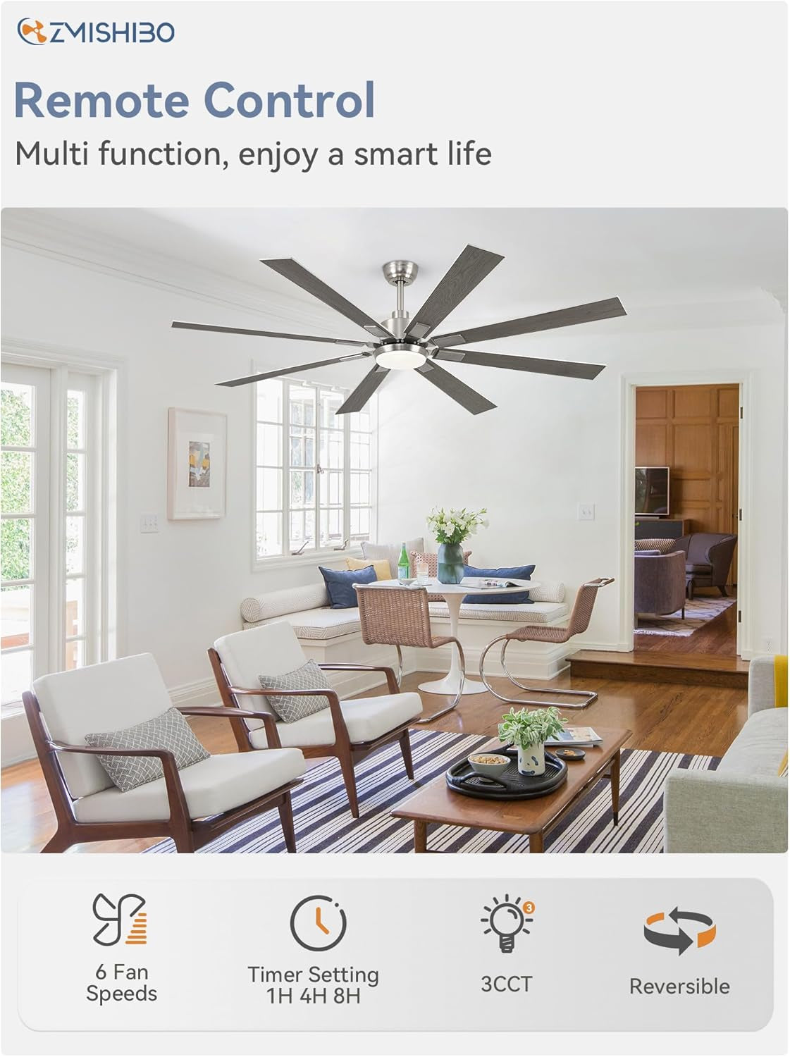 72 Inch Brushed Nickel Modern Ceiling Fans with Lights and Remote,