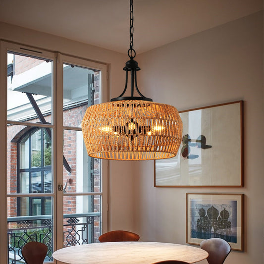 Boho Hemp Rope Pendant Light, Hand-Woven Jute Hanging Lamp with