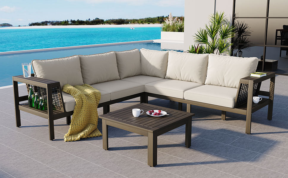 4 Pieces Outdoor Acacia Wood Sofa Set, Woven Mesh Armrests, L-Shaped - Festival Furnish