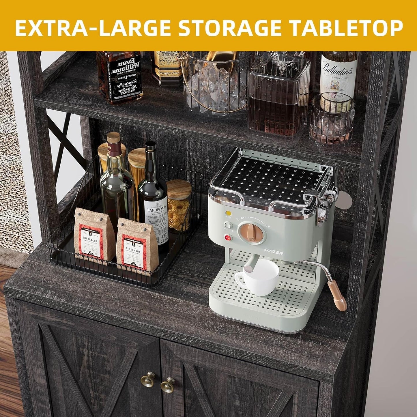 67" Tall Wine Bar Cabinet for Liquor and Glasses, Farmhouse Kitchen - Festival Furnish