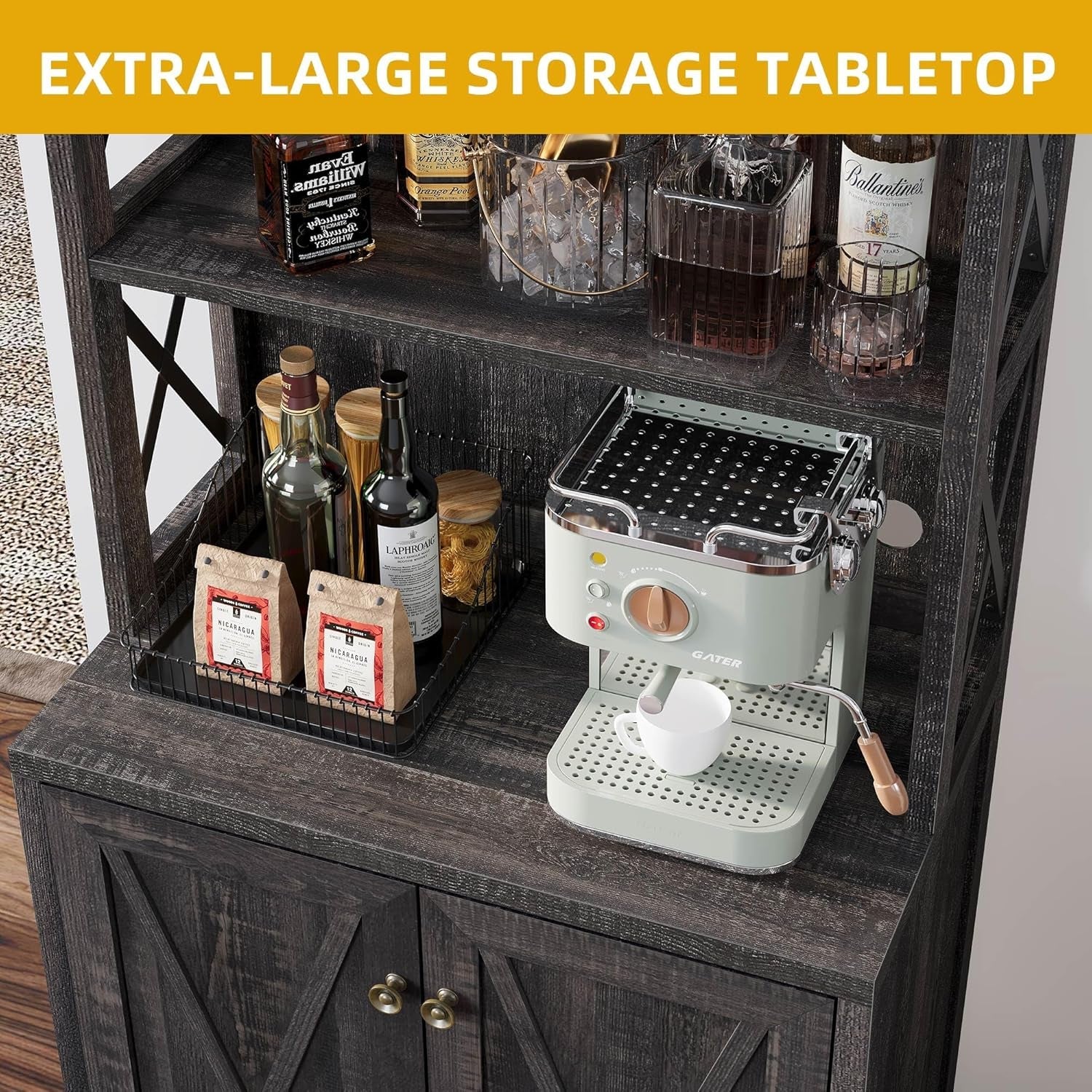67" Tall Wine Bar Cabinet for Liquor and Glasses, Farmhouse Kitchen - Festival Furnish