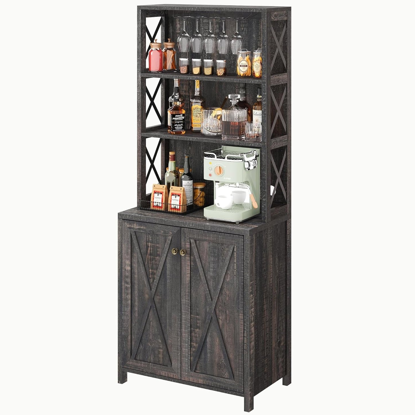 67" Tall Wine Bar Cabinet for Liquor and Glasses, Farmhouse Kitchen - Festival Furnish