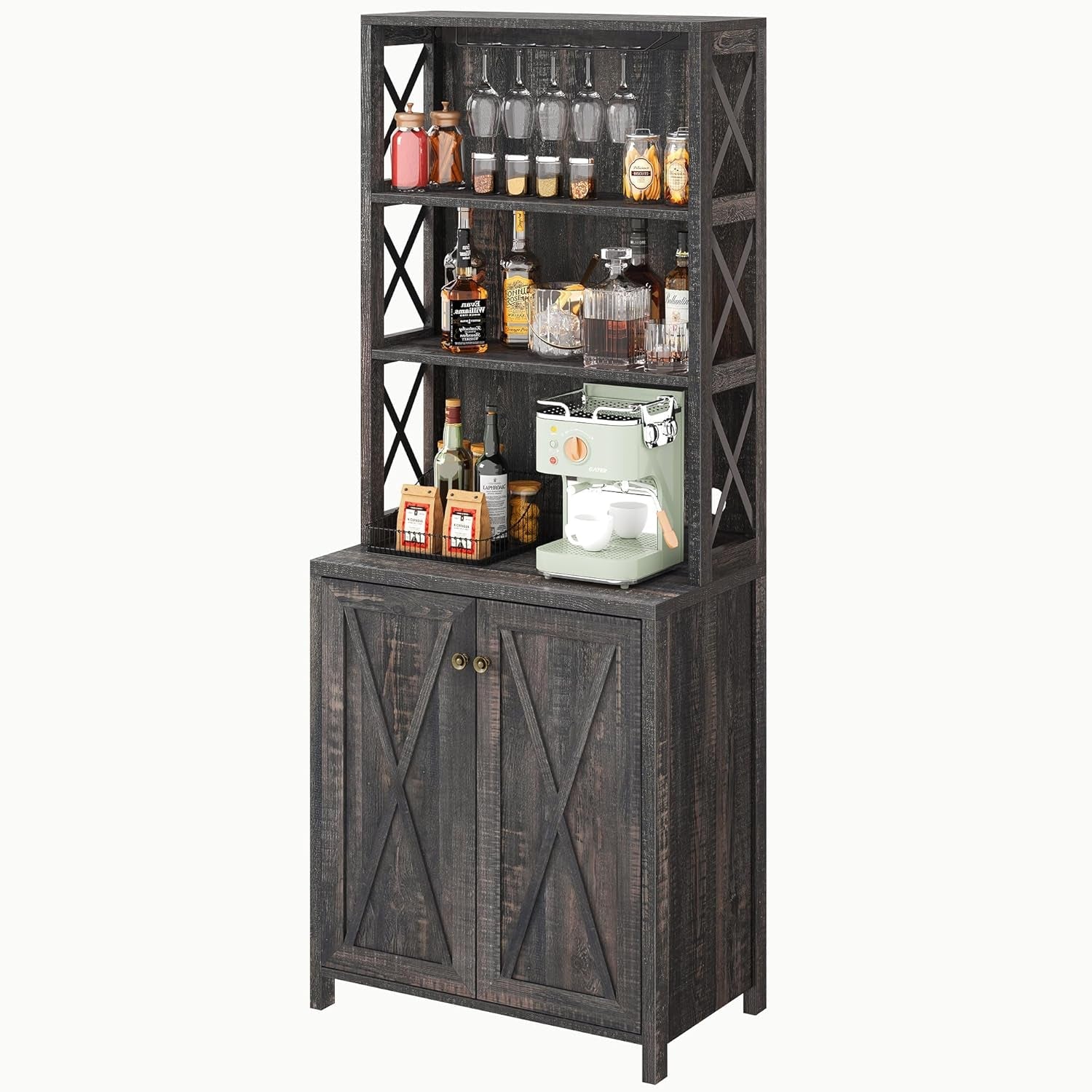 67" Tall Wine Bar Cabinet for Liquor and Glasses, Farmhouse Kitchen - Festival Furnish