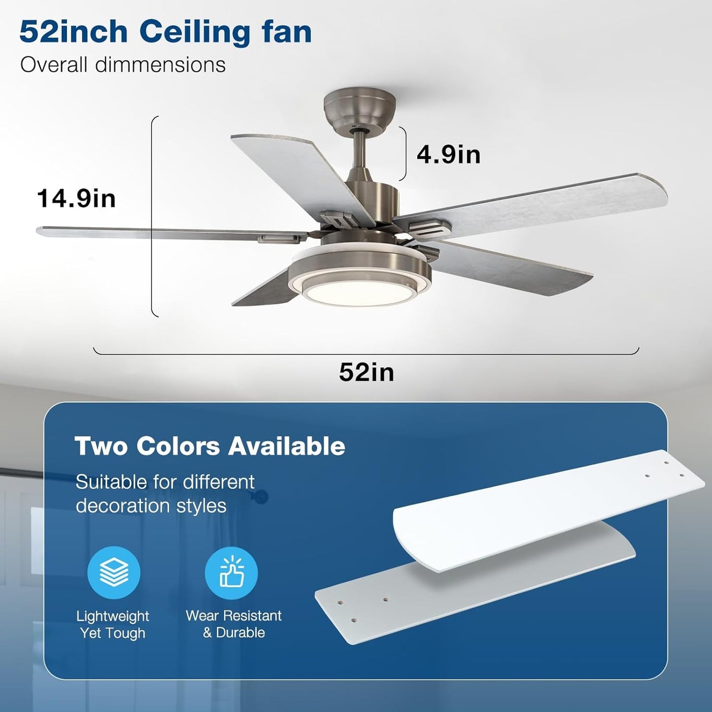 Ceiling Fans with Lights and Remote Control, 52 Inch, 6 Speeds