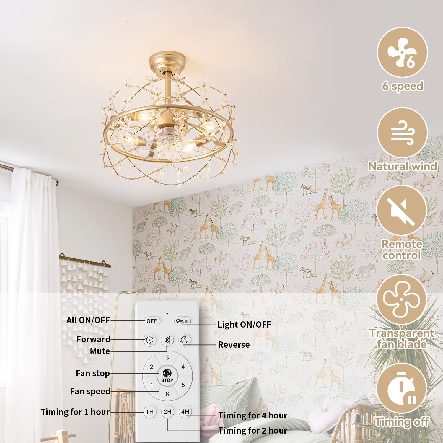 20 Inch Gold Caged Ceiling Fan with Light, Flower Chandelier Ceiling - Festival Furnish