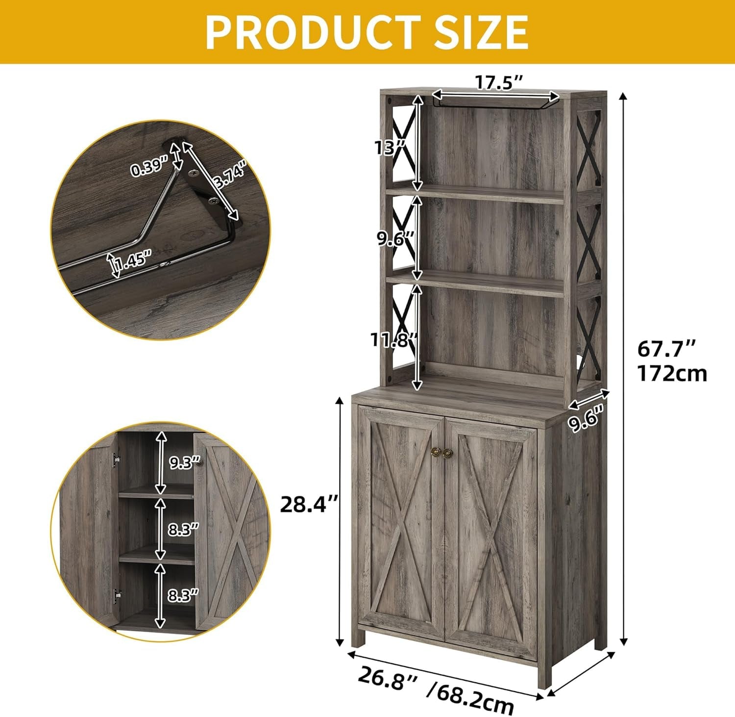 67" Tall Wine Bar Cabinet for Liquor and Glasses, Farmhouse Kitchen - Festival Furnish