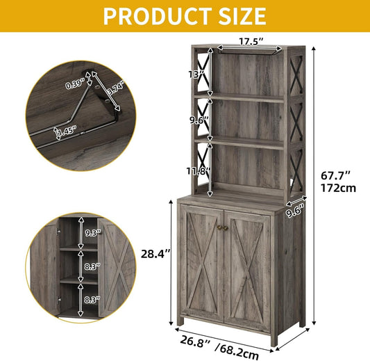 67" Tall Wine Bar Cabinet for Liquor and Glasses, Farmhouse Kitchen - Festival Furnish
