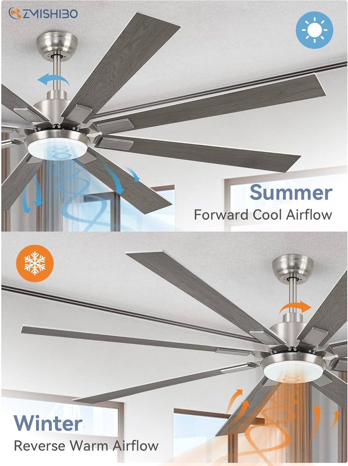 72 Inch Brushed Nickel Modern Ceiling Fans with Lights and Remote,