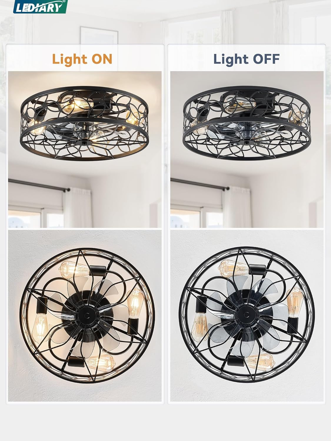 Caged Ceiling Fans with Lights, Black Flush Mount Ceiling Fan with