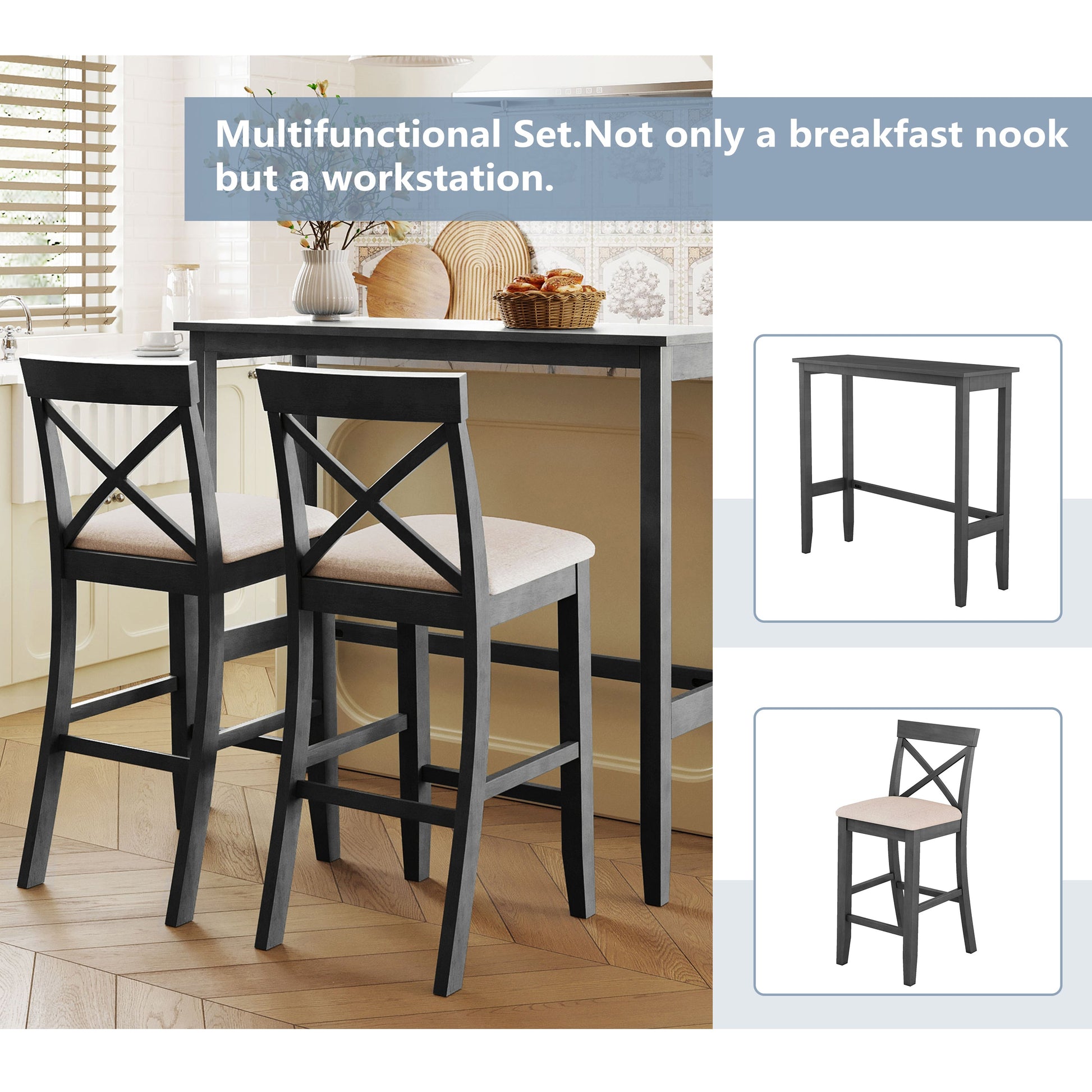 Farmhouse 48"Rectangular Wood Bar Height Dining Set Kitchen Breakfast - Festival Furnish