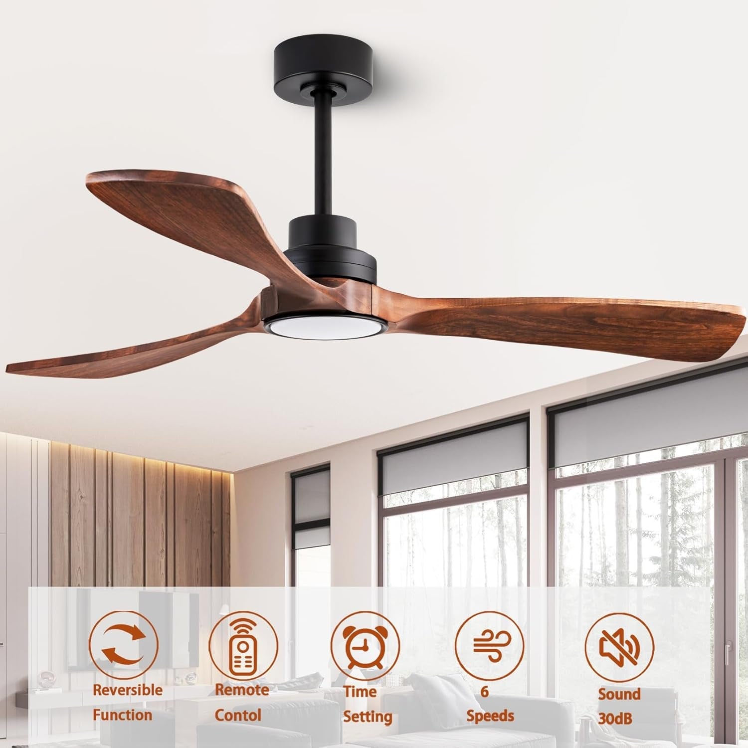 52" Wood Ceiling Fan, (With Light with Remote Control) with 3 Solid - Festival Furnish