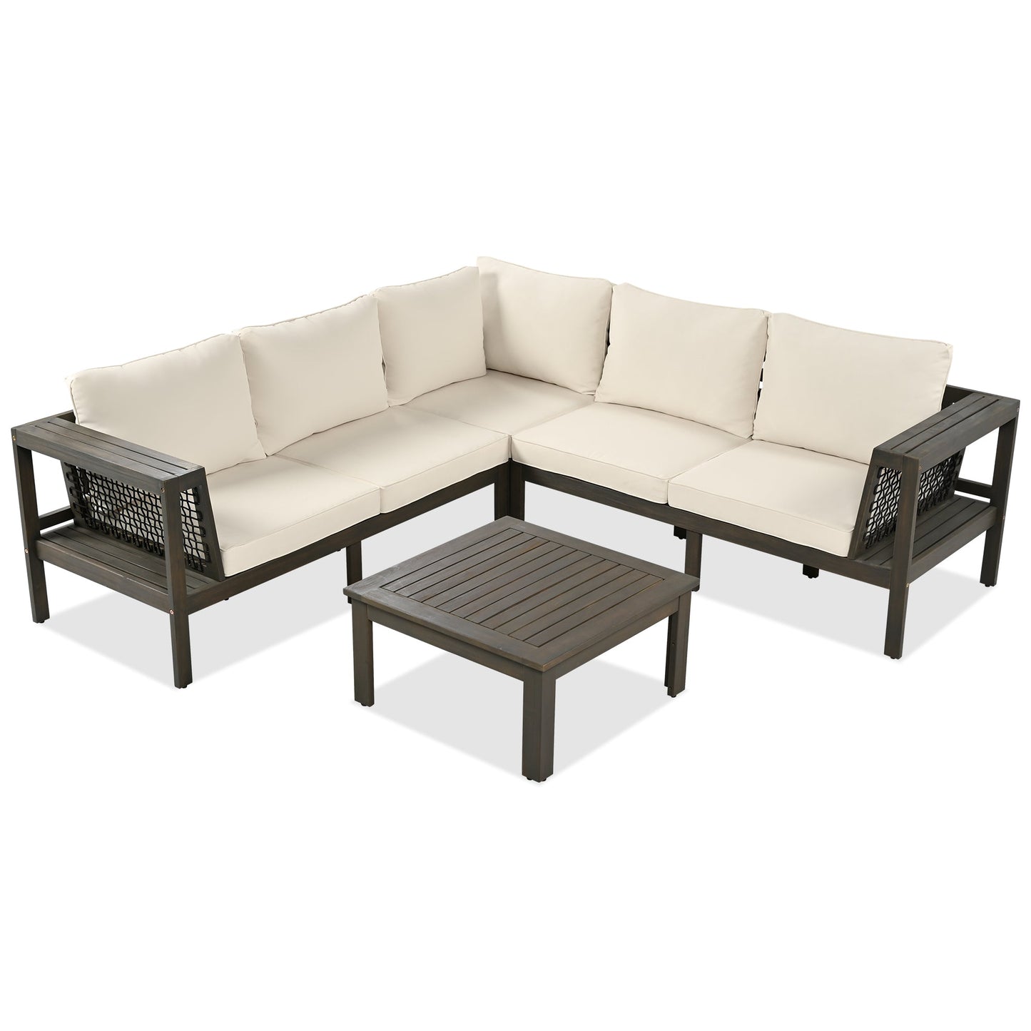 4 Pieces Outdoor Acacia Wood Sofa Set, Woven Mesh Armrests, L-Shaped - Festival Furnish