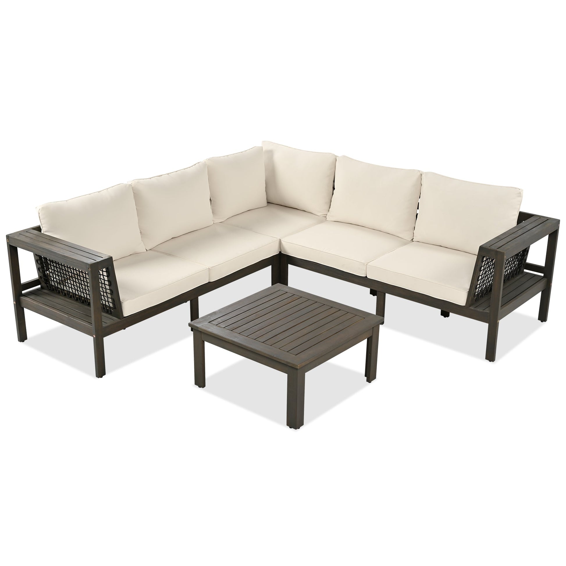 4 Pieces Outdoor Acacia Wood Sofa Set, Woven Mesh Armrests, L-Shaped - Festival Furnish