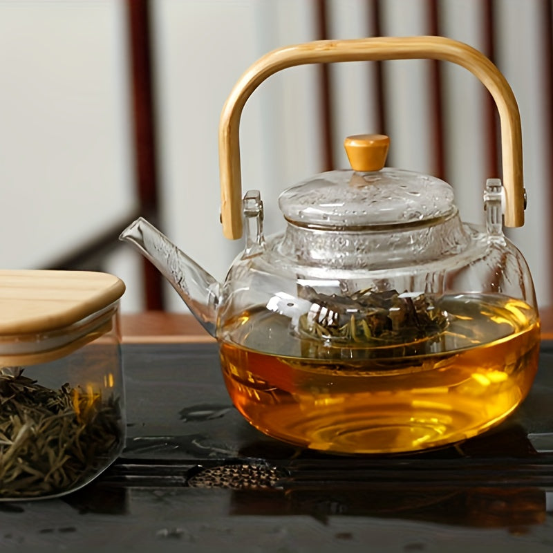 Elegant 34oz Glass Teapot with Bamboo Handle  Infuser