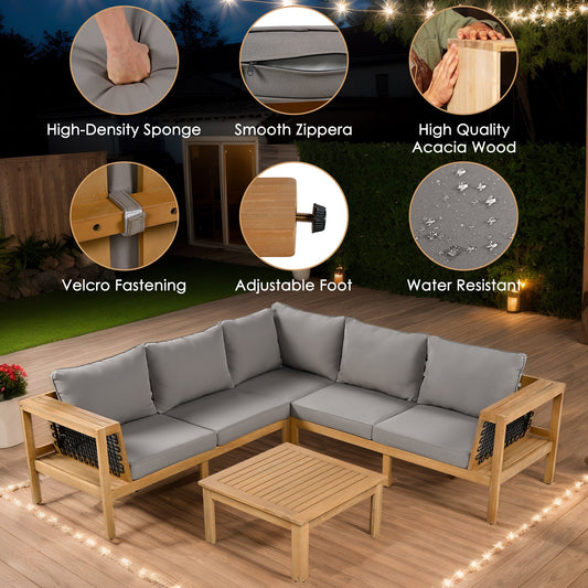 4 Pieces Outdoor Acacia Wood Sofa Set, Woven Mesh Armrests, L-Shaped - Festival Furnish