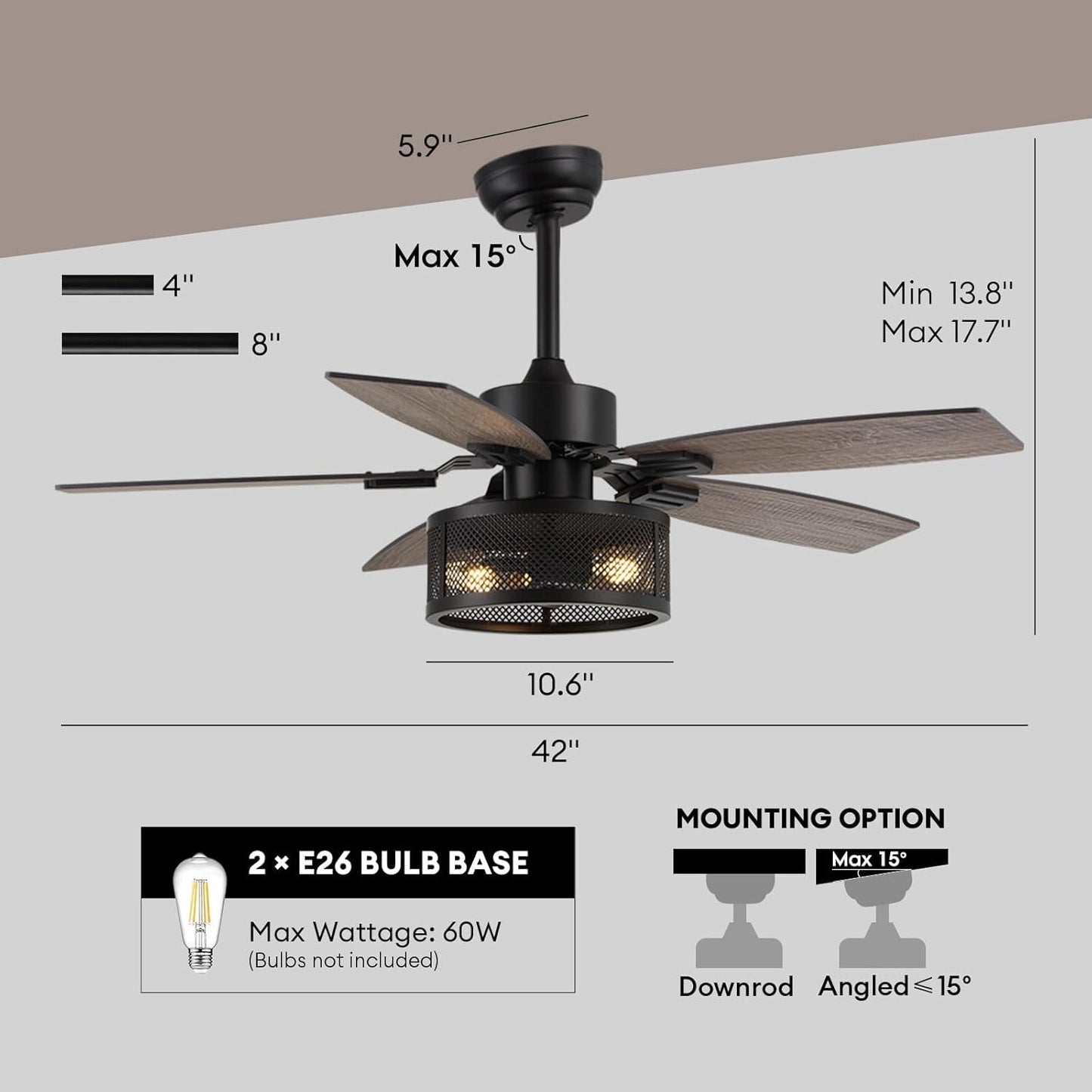 42 Inch Ceiling Fans with Lights and Remote Control, Ceiling Fan for