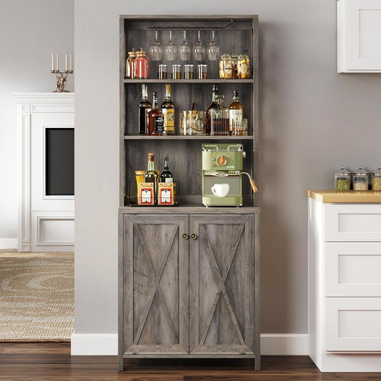 67" Tall Wine Bar Cabinet for Liquor and Glasses, Farmhouse Kitchen - Festival Furnish