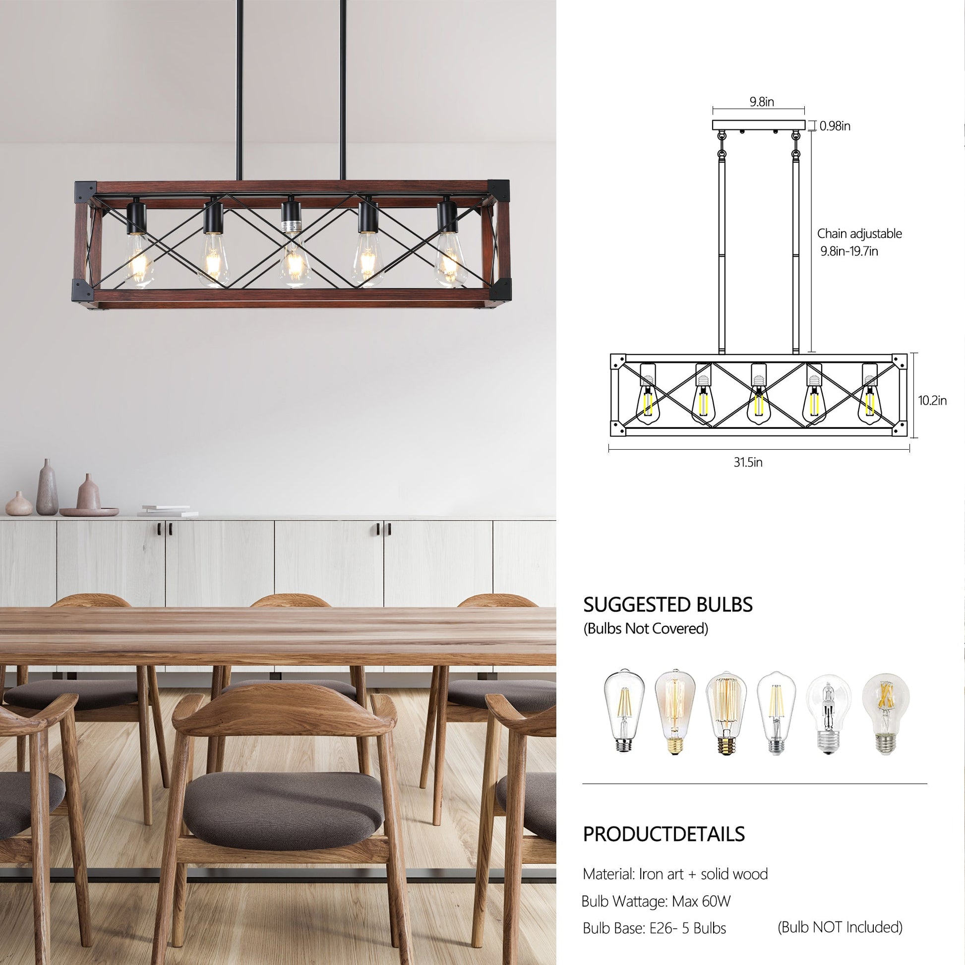 5-Light Retro Farmhouse Chandelier For Kitchen, Living room, Dining - Festival Furnish
