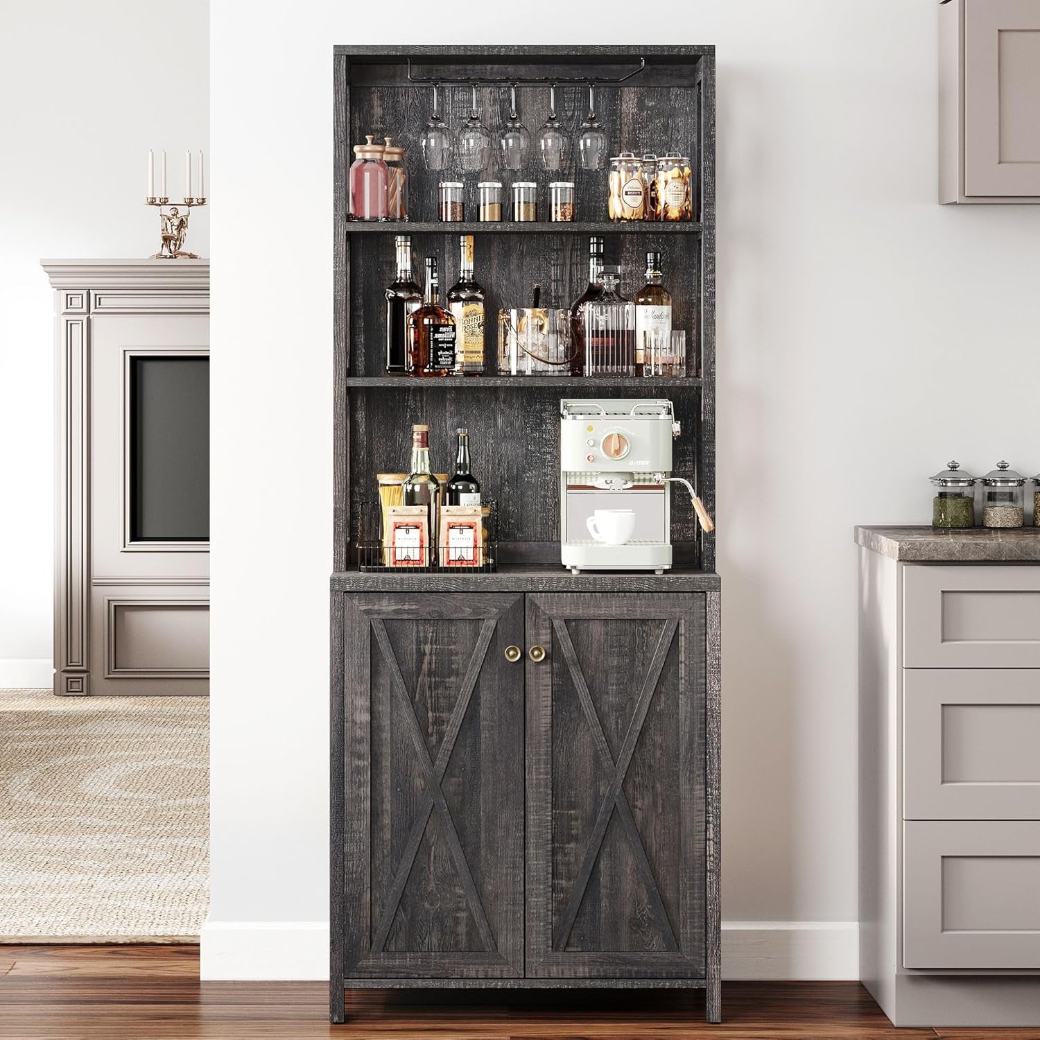 67" Tall Wine Bar Cabinet for Liquor and Glasses, Farmhouse Kitchen - Festival Furnish
