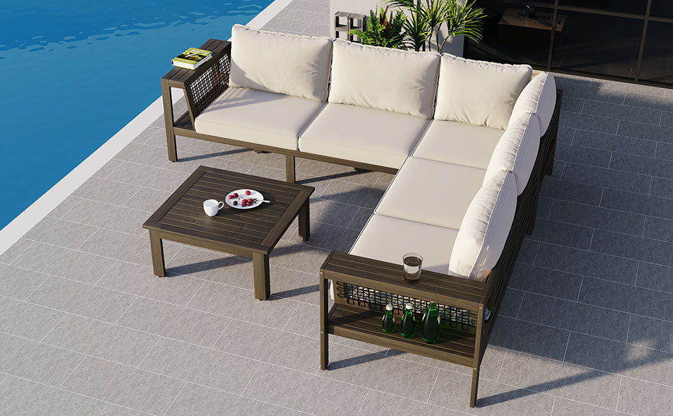 4 Pieces Outdoor Acacia Wood Sofa Set, Woven Mesh Armrests, L-Shaped - Festival Furnish