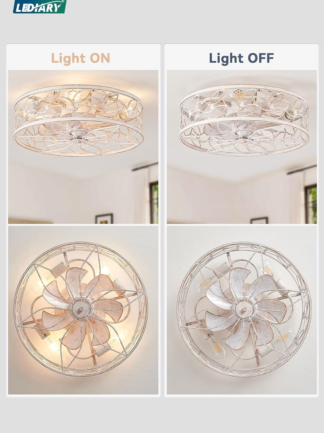 Caged Ceiling Fans with Lights, White Flush Mount Ceiling Fan with - Festival Furnish