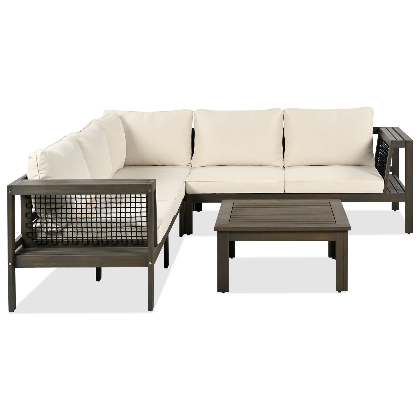 4 Pieces Outdoor Acacia Wood Sofa Set, Woven Mesh Armrests, L-Shaped - Festival Furnish
